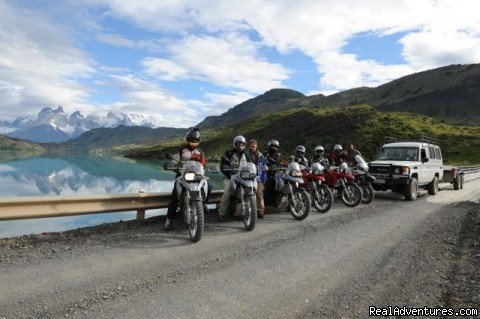 Group Shot - Torres del Paine NP | Compass Expeditions - Adventure Motorcycle Tours | Santiago, Chile | Motorcycle Tours | Image #1/11 | 